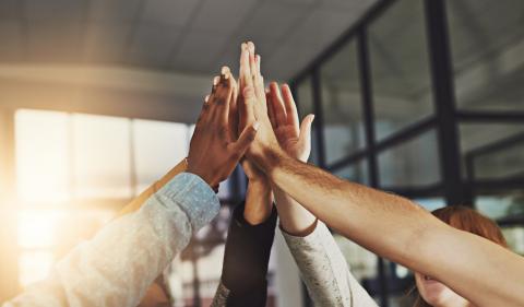 Mains levées et jointes de sept personnes ensemble